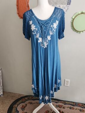 Blue Dress with White Embroidery